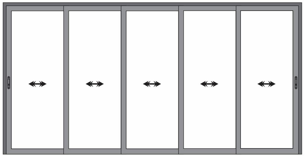 PORTA 5 FOLHAS DE VIDRO TODAS MÓVEIS COM TRILHO EMBUTIDO COGUMELO